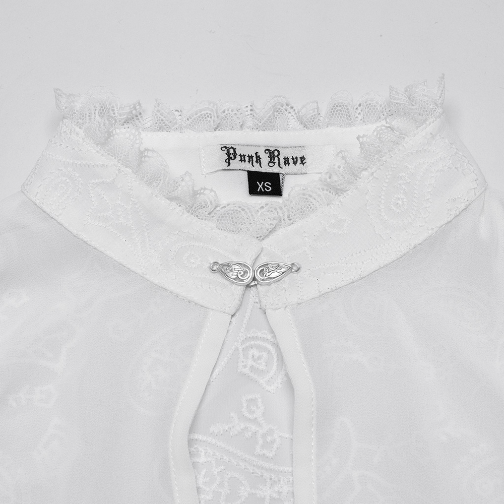Close-up of Victorian lace embroidered chiffon blouse collar for women, featuring delicate design and button detail.