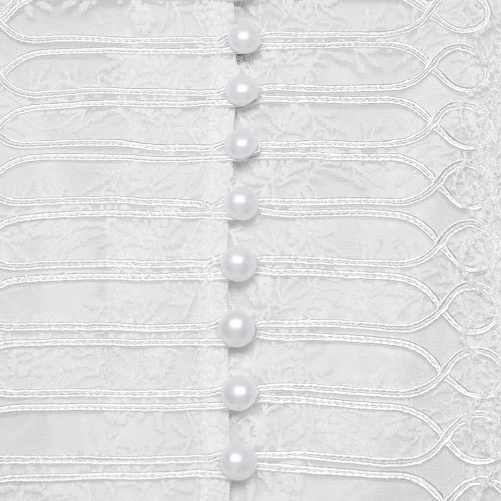 Close-up of Victorian lace embroidered chiffon blouse featuring decorative buttons and intricate detailing.