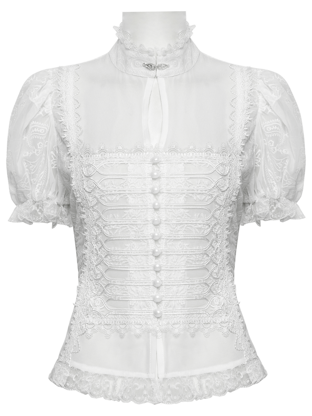 Victorian lace embroidered chiffon blouse for women, featuring delicate puff sleeves and elegant button details.