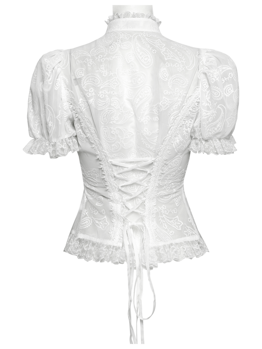 Elegant Victorian lace embroidered chiffon blouse showcasing a detailed back design, perfect for women's chic fashion.