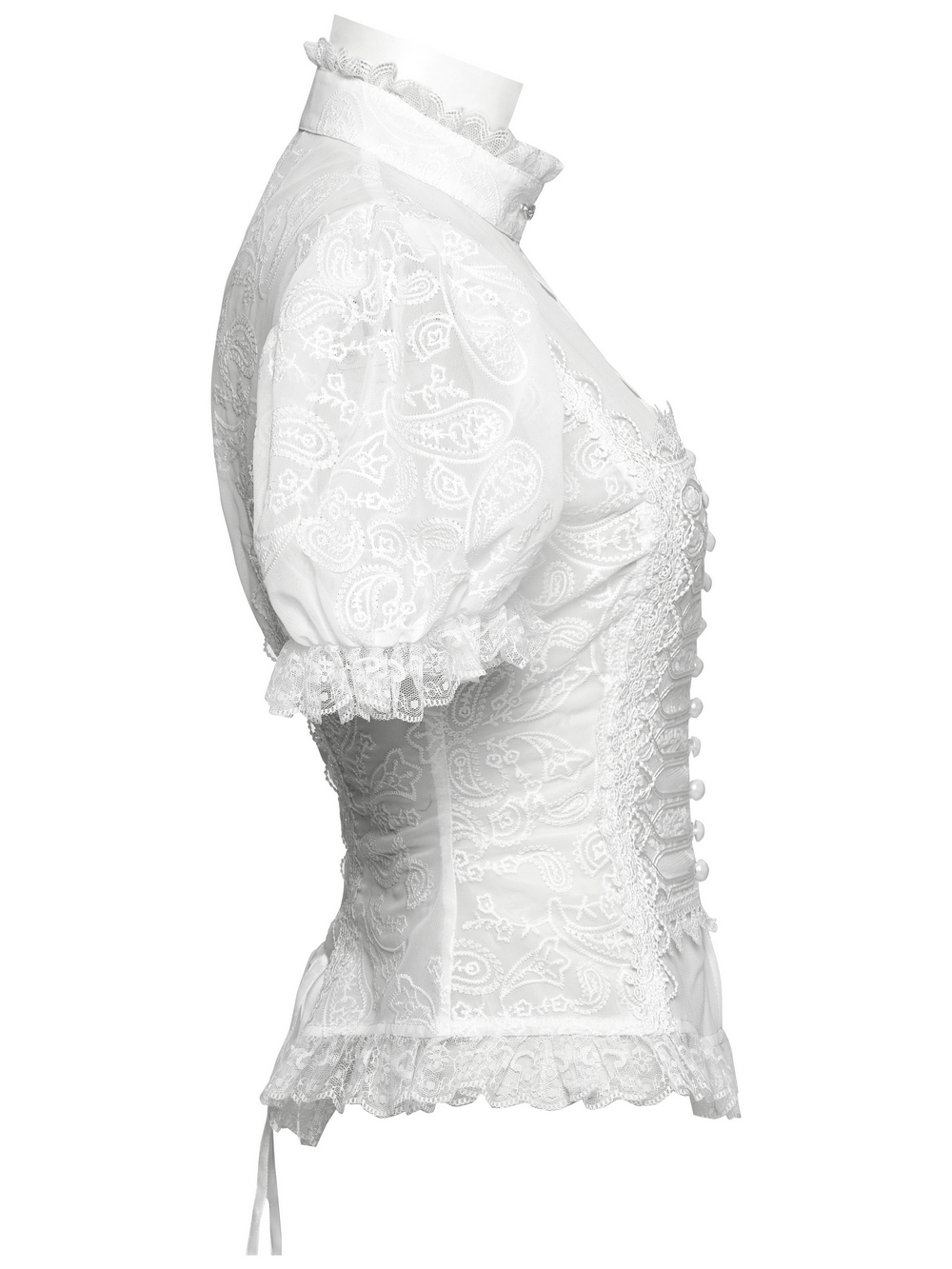 Elegant Victorian lace embroidered chiffon blouse for women, featuring puff sleeves and delicate lace trim.