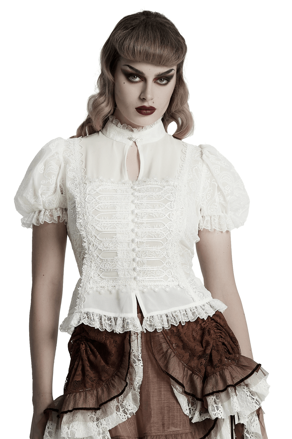 Victorian lace embroidered chiffon blouse for women, featuring a chic design and elegant details, perfect for vintage-inspired outfits.