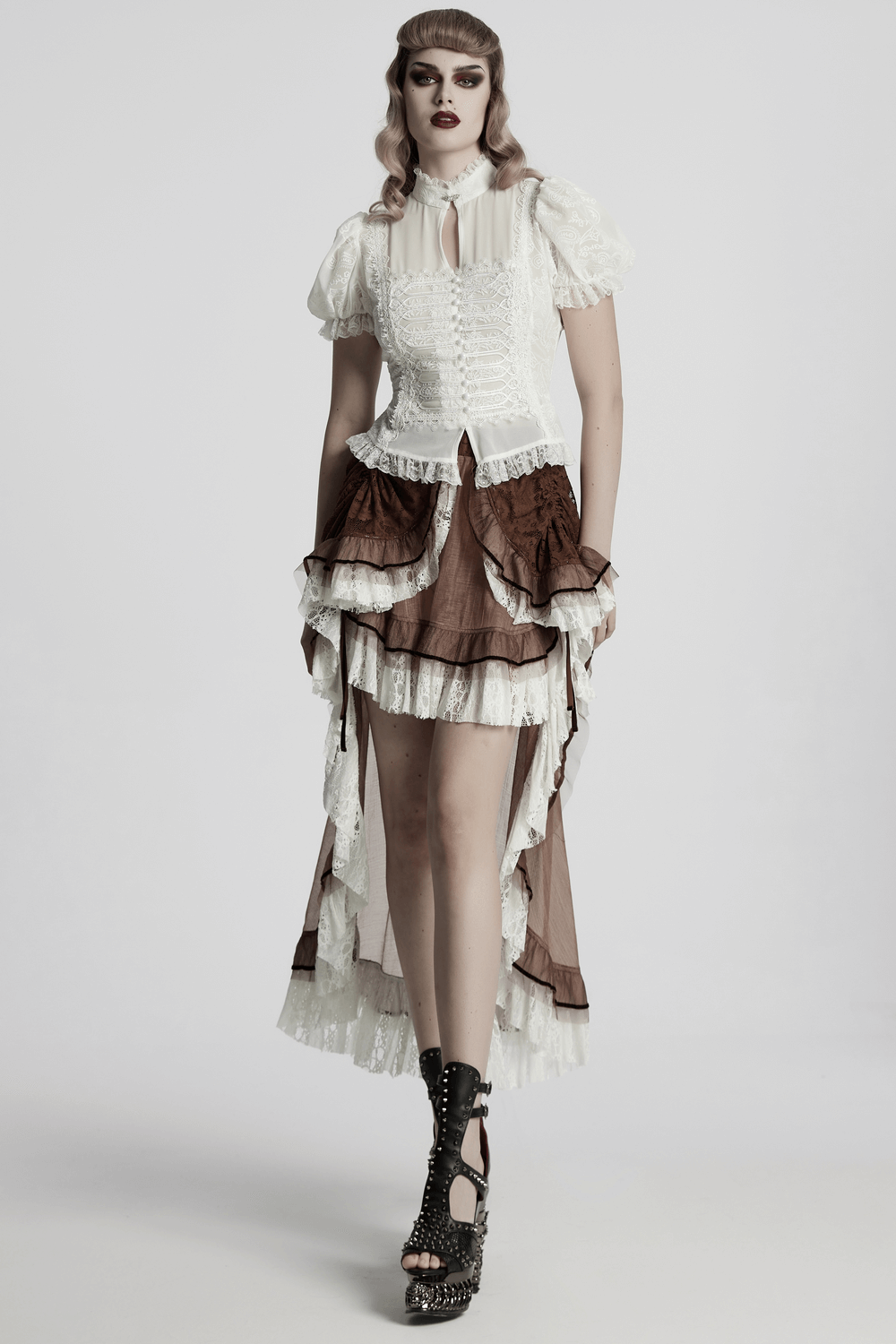 Victorian lace embroidered chiffon blouse for women, showcasing a unique, elegant design with layered ruffles and a chic silhouette.