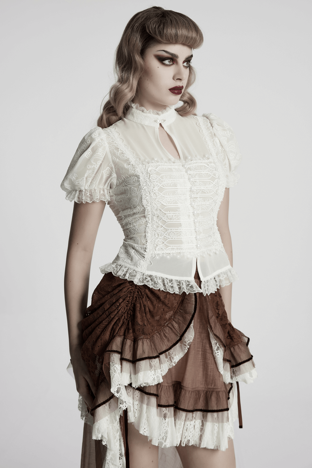 Victorian lace embroidered chiffon blouse for women, showcasing intricate details and elegant design.