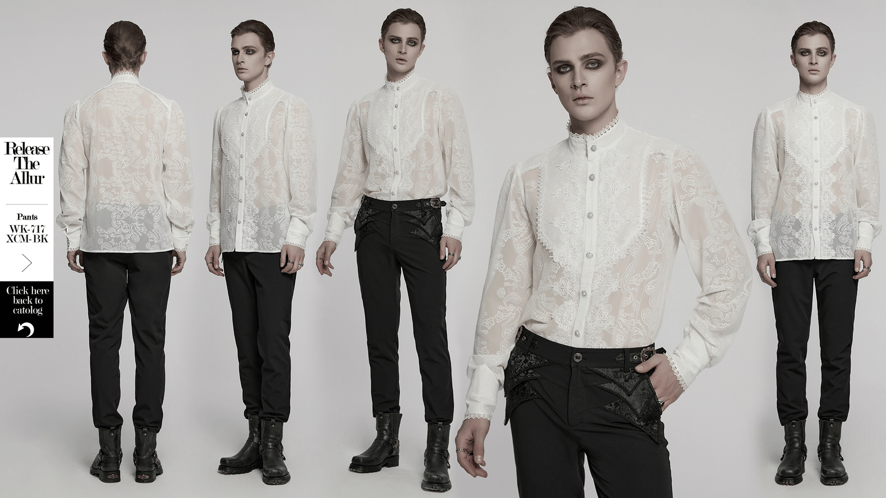 Victorian lace embroidered men's gothic chiffon shirt showcasing elegant cashew flower pattern and stylish layered details.
