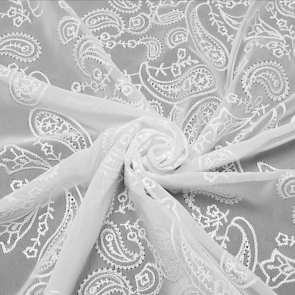 Delicate white embroidered chiffon fabric with intricate lace and paisley patterns.
