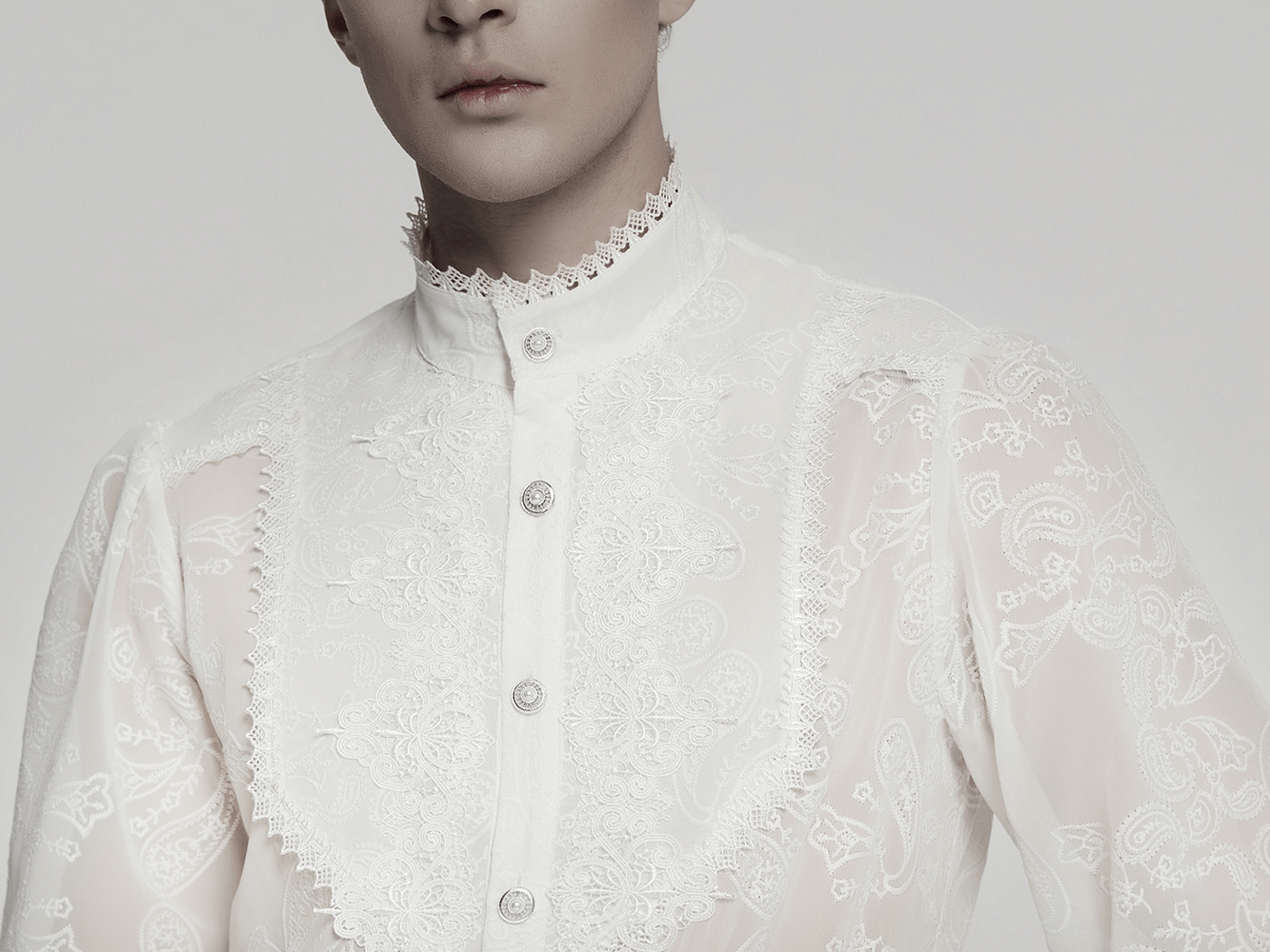 Elegant Victorian lace embroidered chiffon shirt for men with a cashew flower pattern, showcasing romantic aesthetics.
