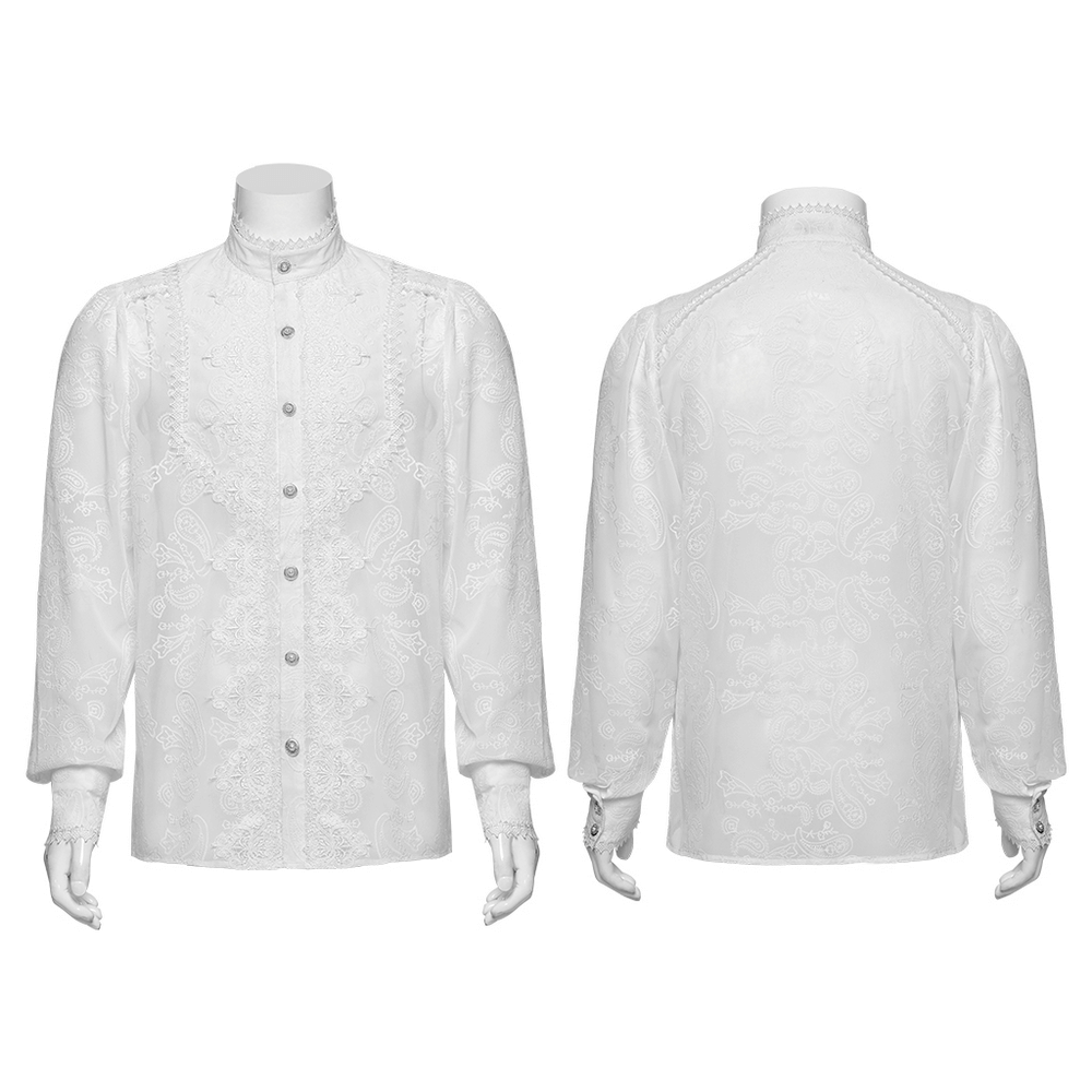 Victorian lace embroidered men's gothic chiffon shirt with delicate cashew flower pattern, showcasing elegant style.