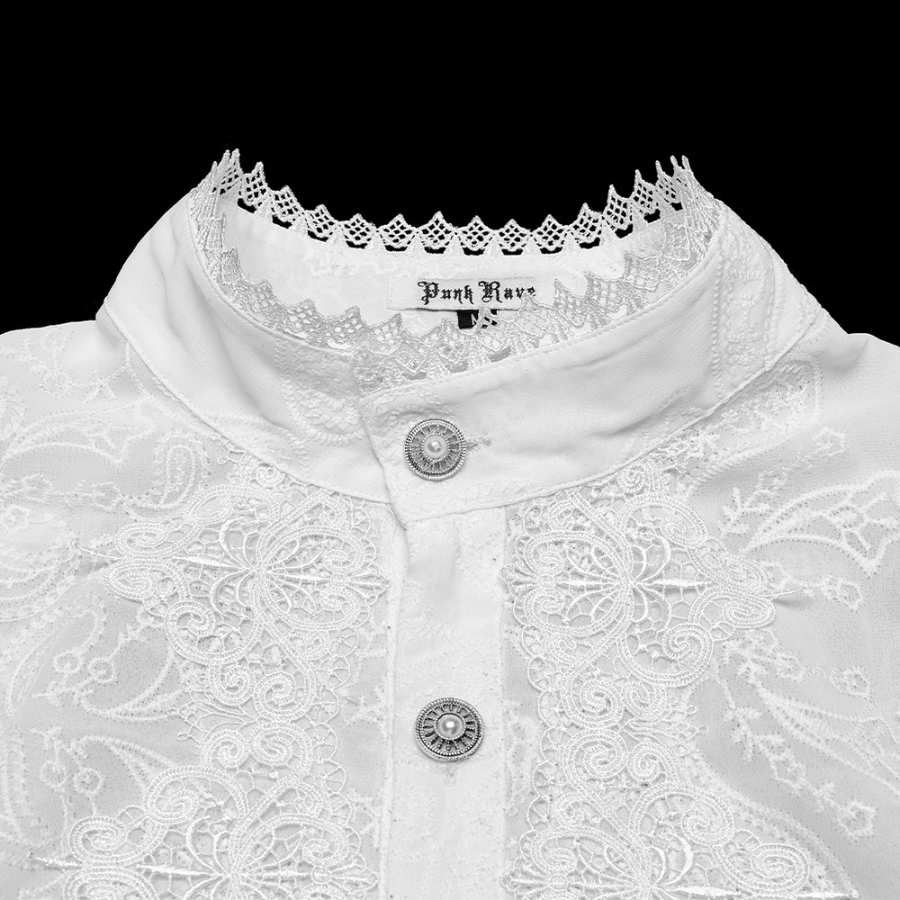 Close-up of Victorian lace embroidered men's gothic chiffon shirt collar and buttons, showcasing delicate detail and romantic style.