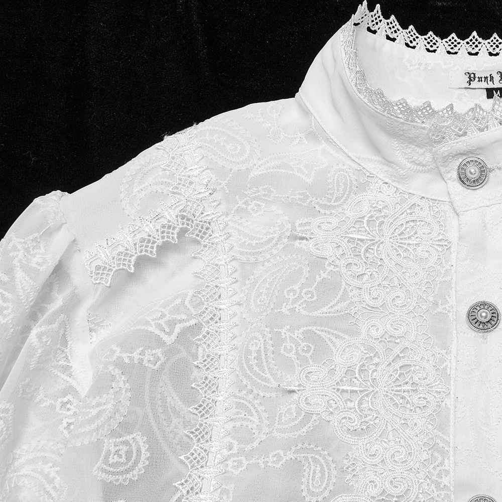 Elegant Victorian lace embroidered men's gothic chiffon shirt with intricate flower details and refined collar.