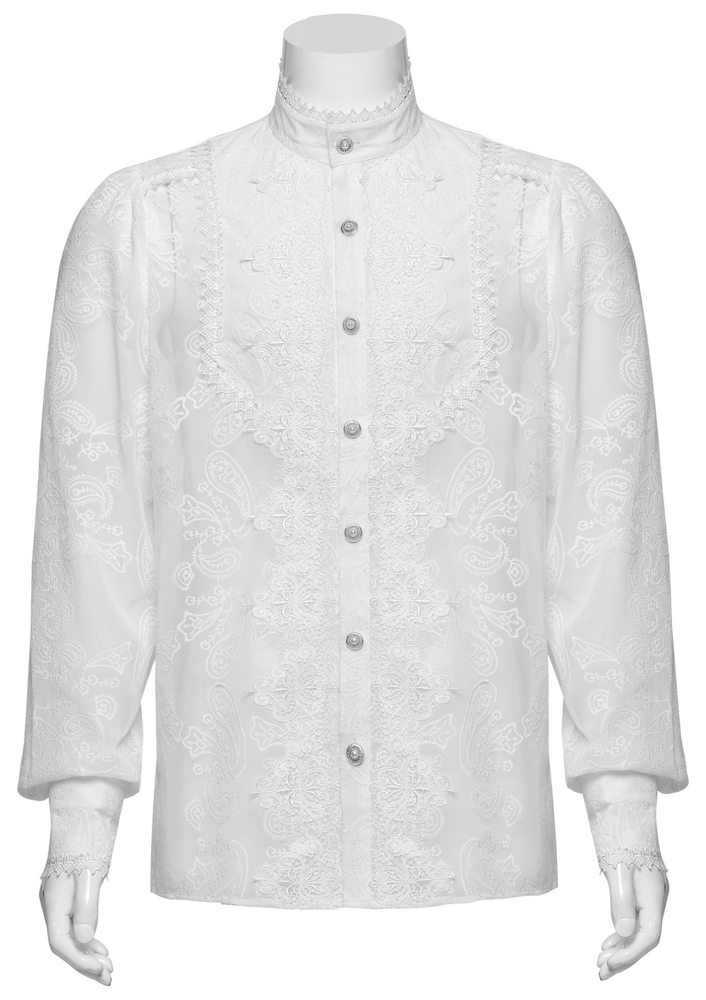 Victorian lace embroidered men's gothic chiffon shirt with cashew flower pattern and elegant detailing.