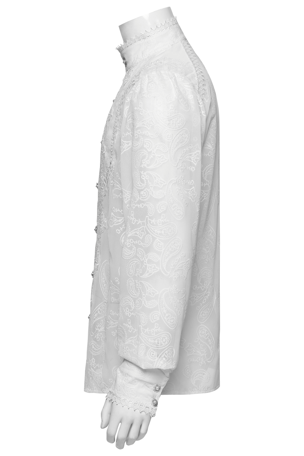 Victorian lace embroidered men’s gothic chiffon shirt showcasing elegant cashew flower pattern and refined lace detailing.