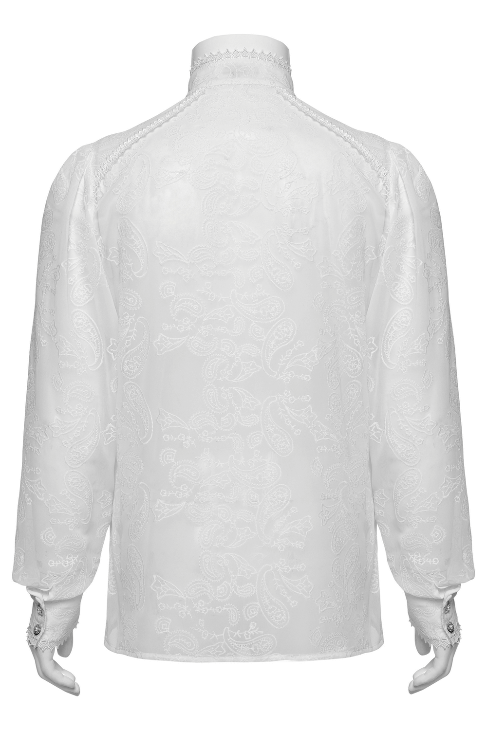 Back view of a Victorian lace embroidered men’s gothic chiffon shirt featuring intricate embroidery and elegant detail.