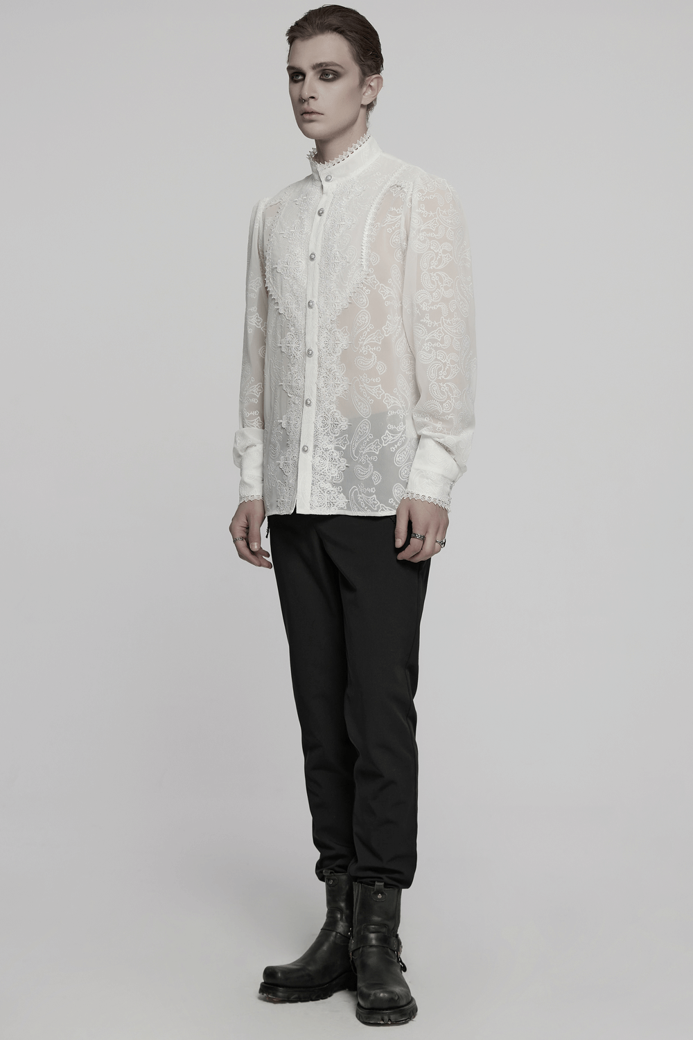 Victorian lace embroidered men's gothic chiffon shirt with cashew flower pattern, showcasing elegant style and charm.