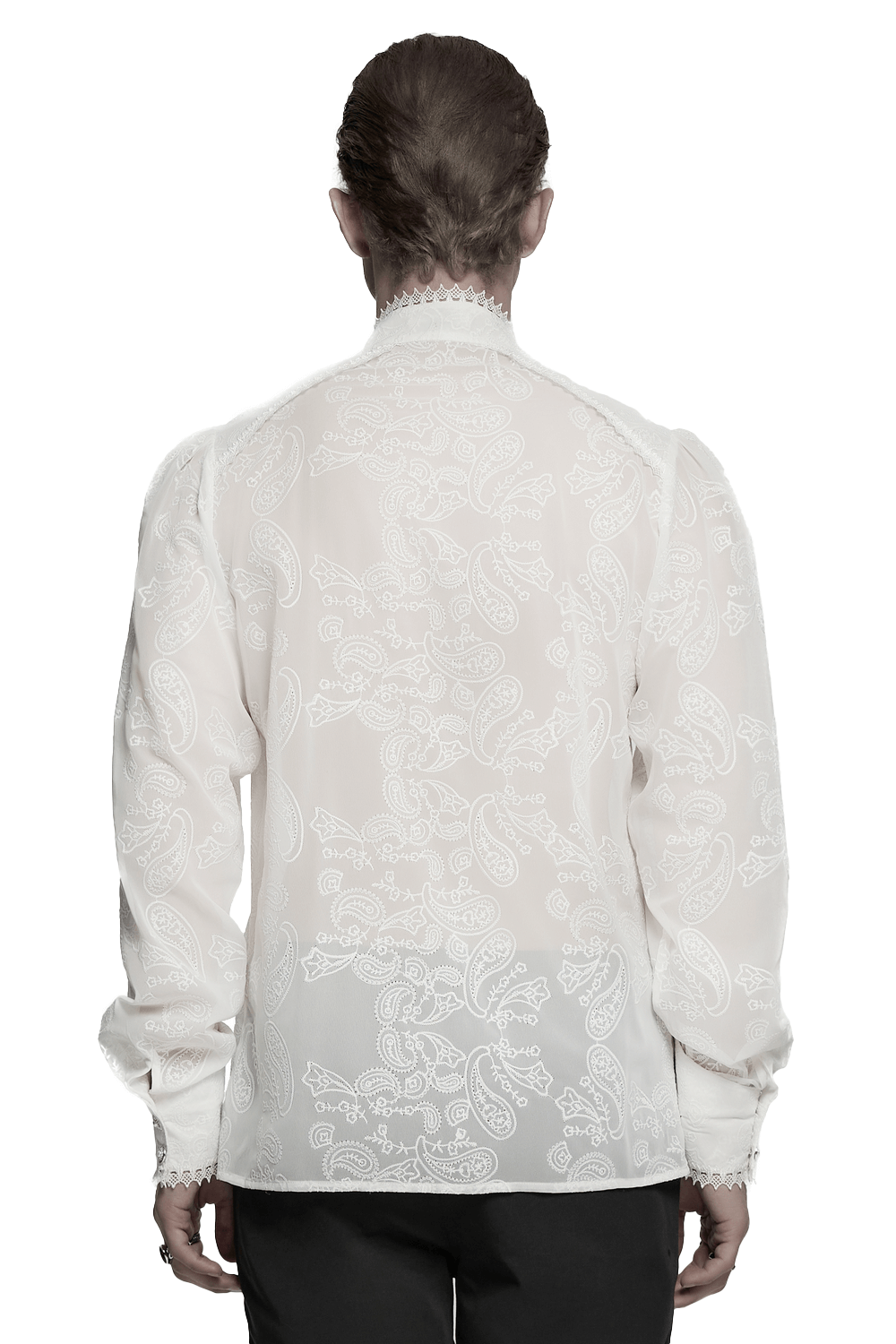 Back view of a Victorian lace embroidered men’s gothic chiffon shirt with elegant cashew flower pattern and lace detailing.