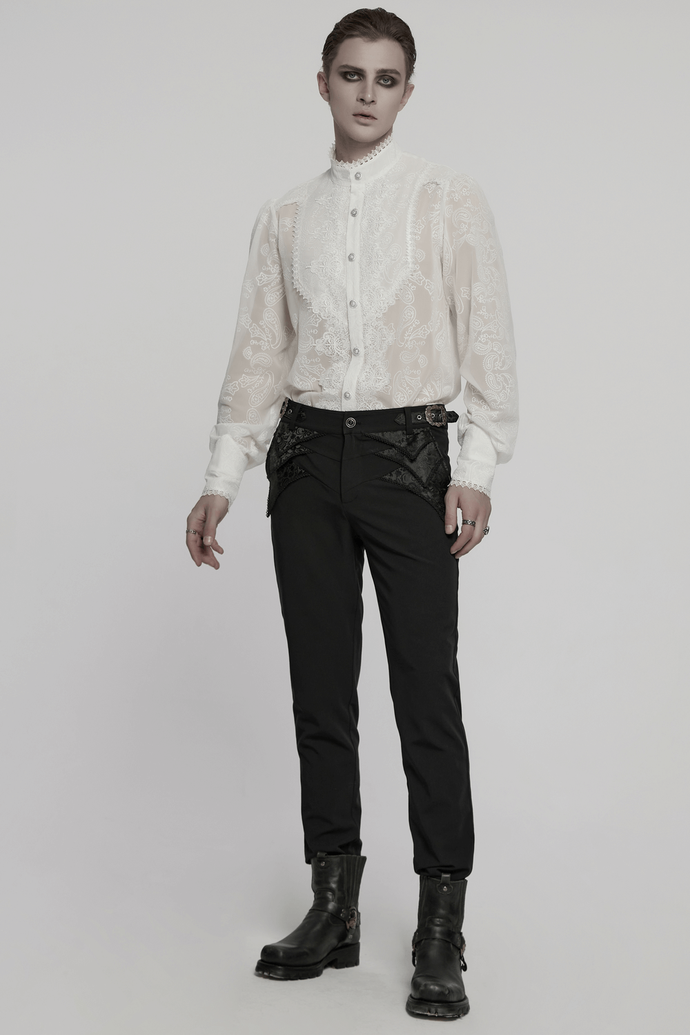 Men's Gothic chiffon shirt with Victorian lace embroidery and elegant cashew flower pattern, styled for a romantic look.