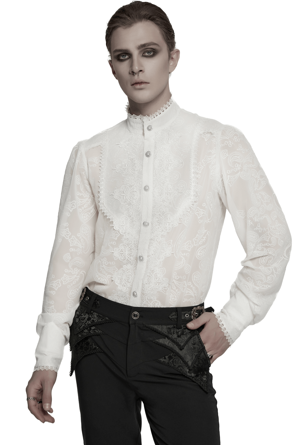 Victorian lace embroidered men's gothic chiffon shirt with cashew flower pattern for a romantic vintage look.