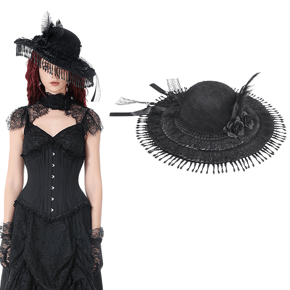 Victorian Lace Hat with Feather and Beaded Fringe worn by model, showcasing its elegant design and gothic style.