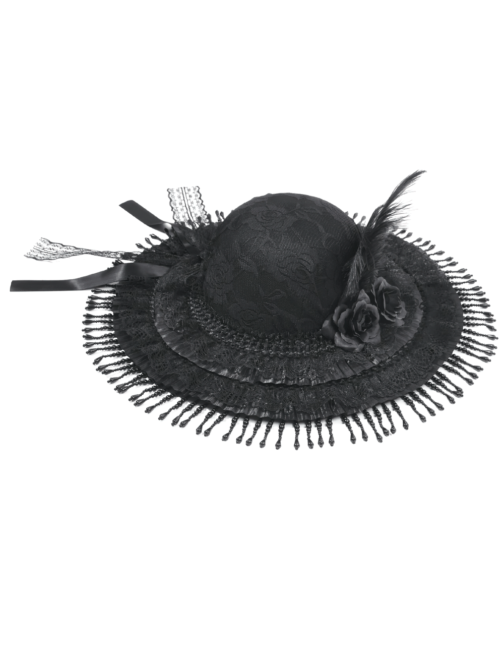 Victorian Lace Hat with Feather and Beaded Fringe featuring black lace, beaded fringe, and rose accents.