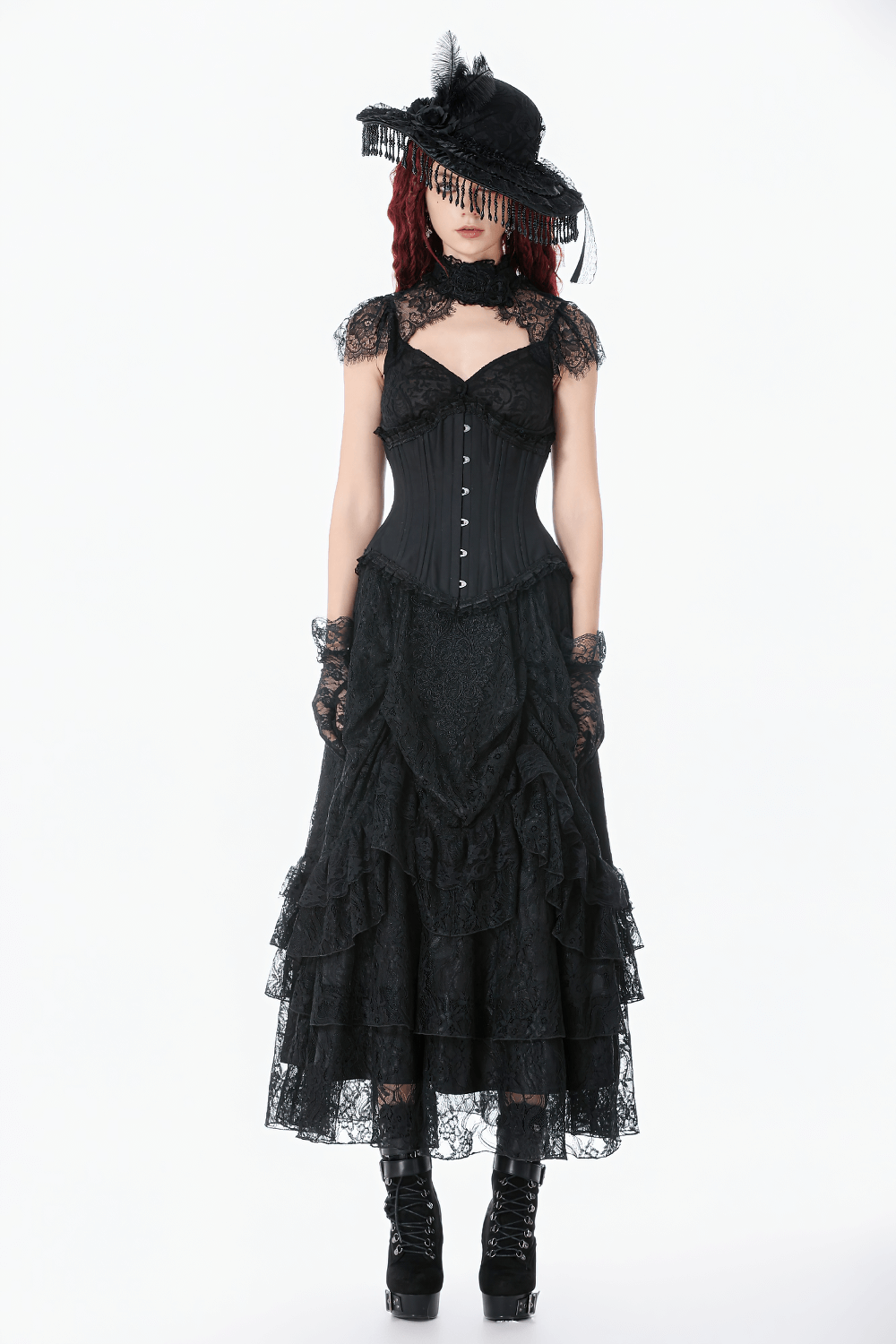 Victorian Lace Hat with Feather and Beaded Fringe worn with a stunning gothic black lace dress.