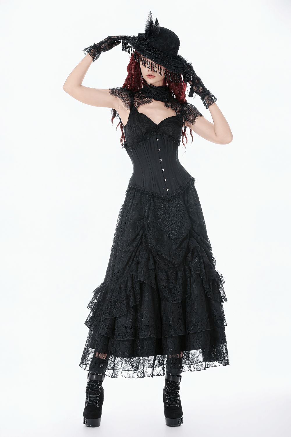 Victorian Lace Hat with Feather and Beaded Fringe worn by a model in gothic attire with ruffles and lace.