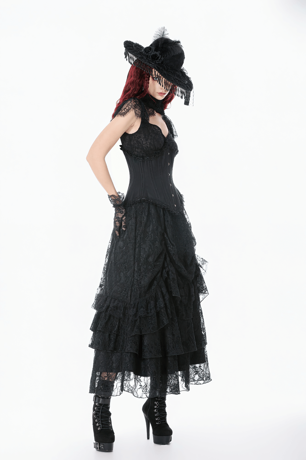 Victorian Lace Hat with Feather and Beaded Fringe worn with a dramatic black lace gown and high heels.