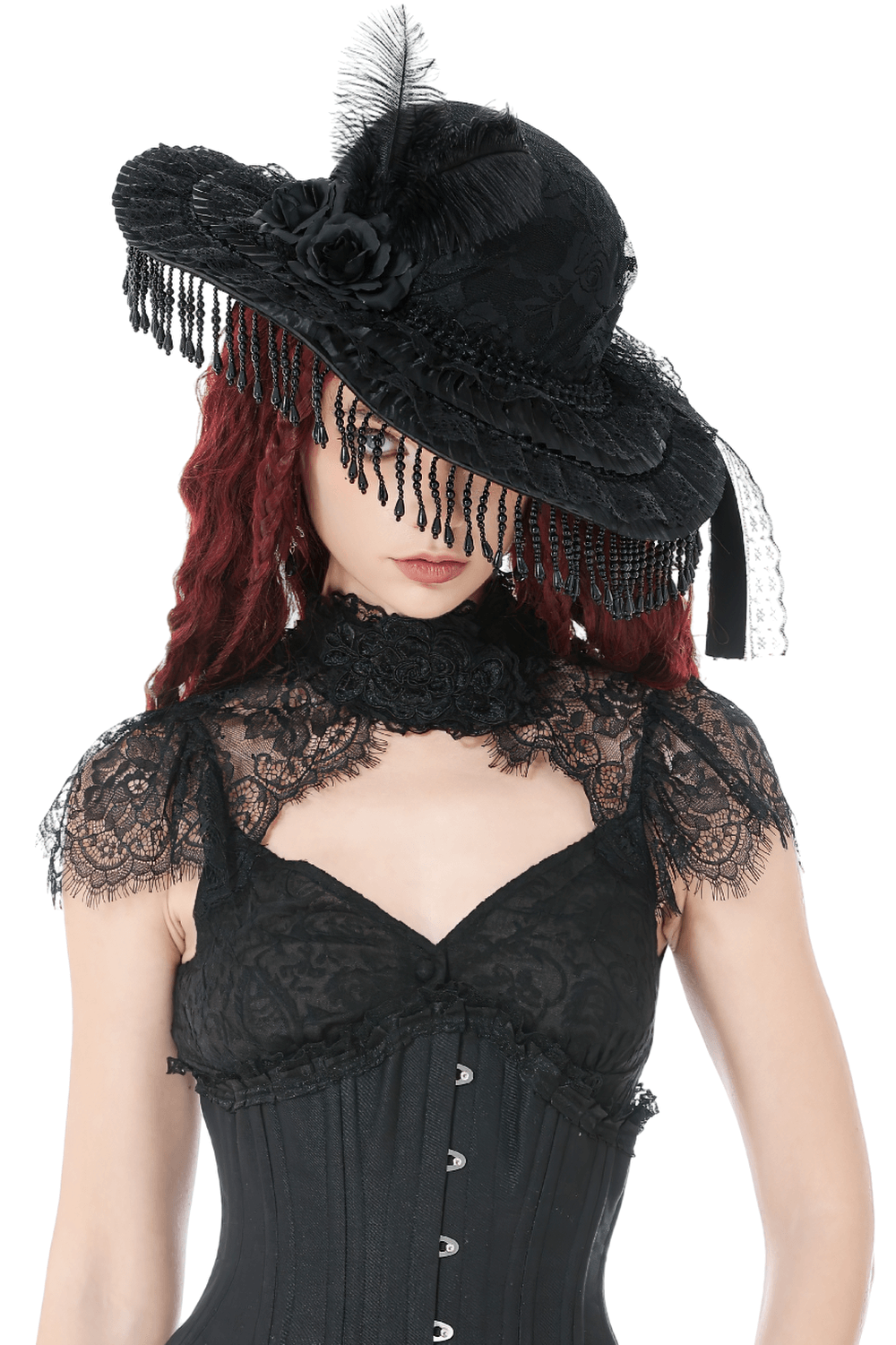 Victorian Lace Hat with Feather and Beaded Fringe worn by model in gothic outfit