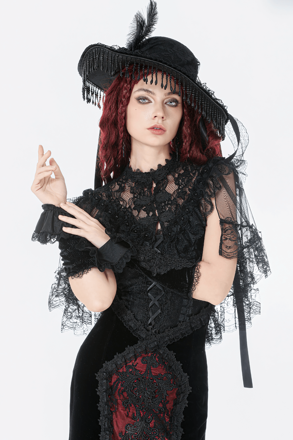 Victorian Lace Hat with Feather and Beaded Fringe worn by model, showcasing Gothic style and dramatic texture.