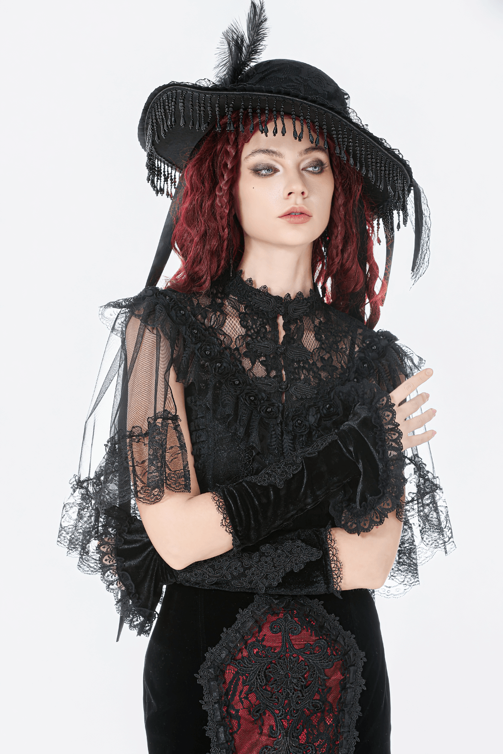 Victorian Lace Hat with Feather and Beaded Fringe worn by model in gothic attire with dramatic lace details.