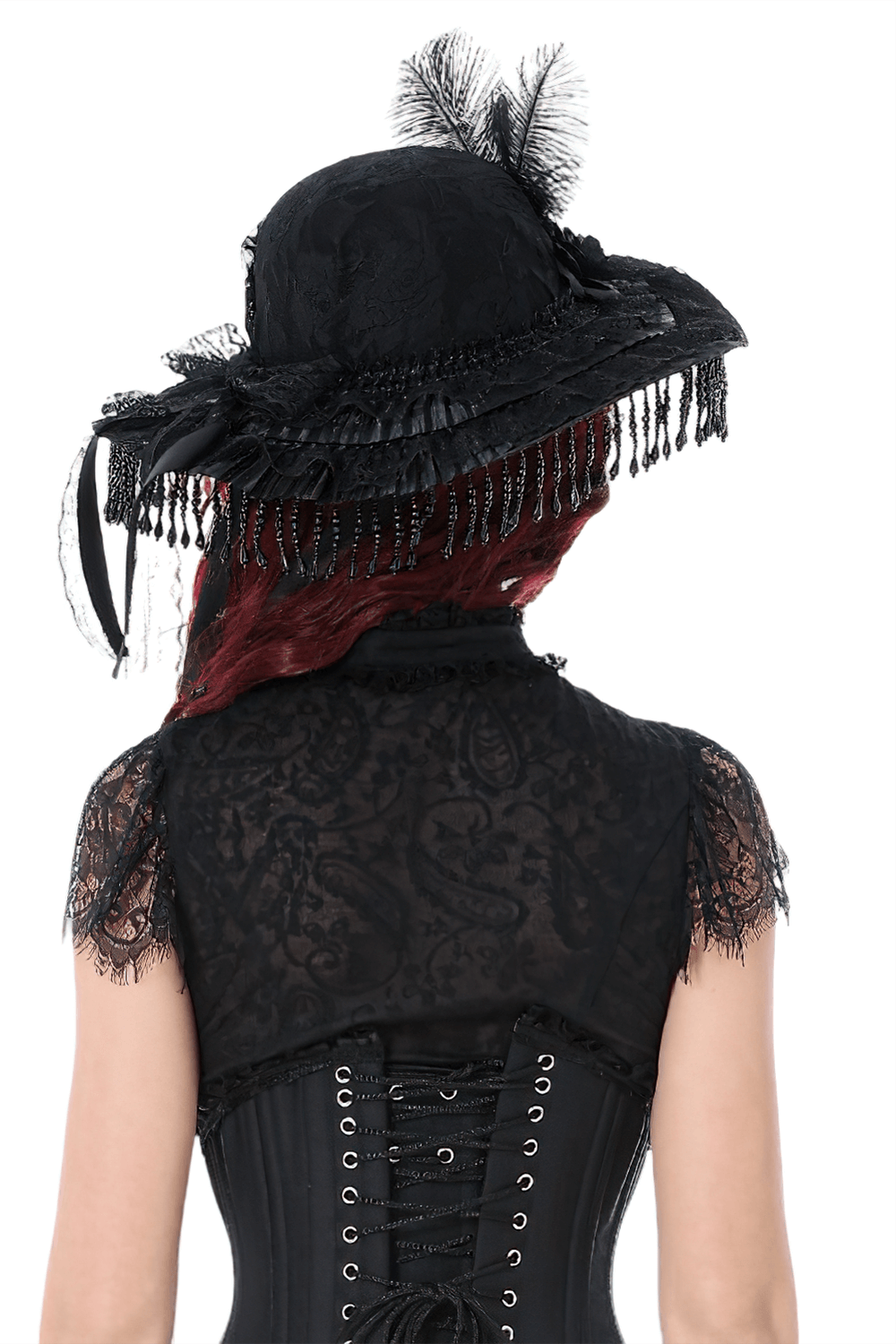 Back view of a woman wearing a Victorian Lace Hat with Feather and Beaded Fringe, showcasing elegant black lace and fringe.