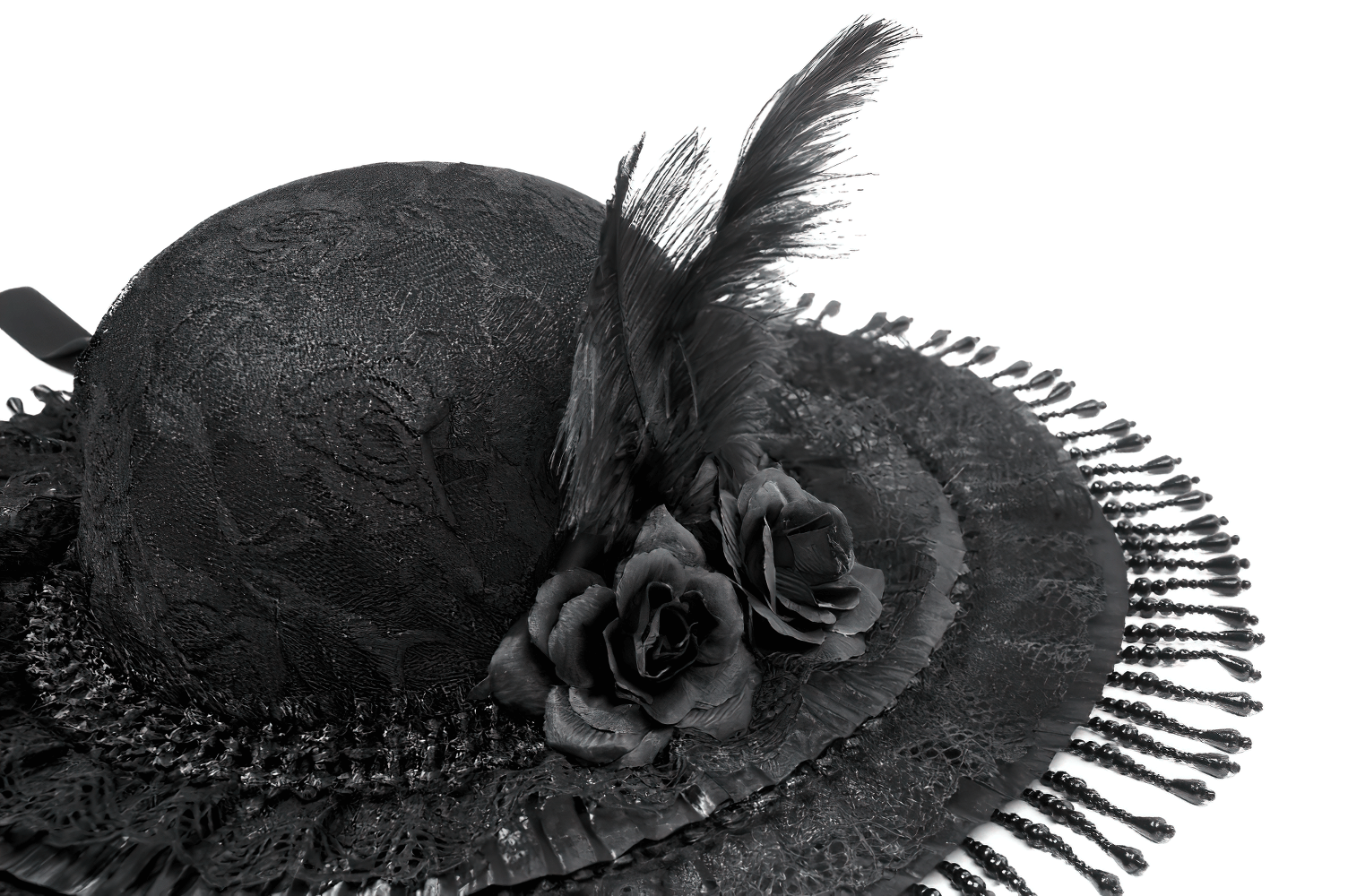 Victorian Lace Hat with Feather and Beaded Fringe featuring roses and fringe detail.