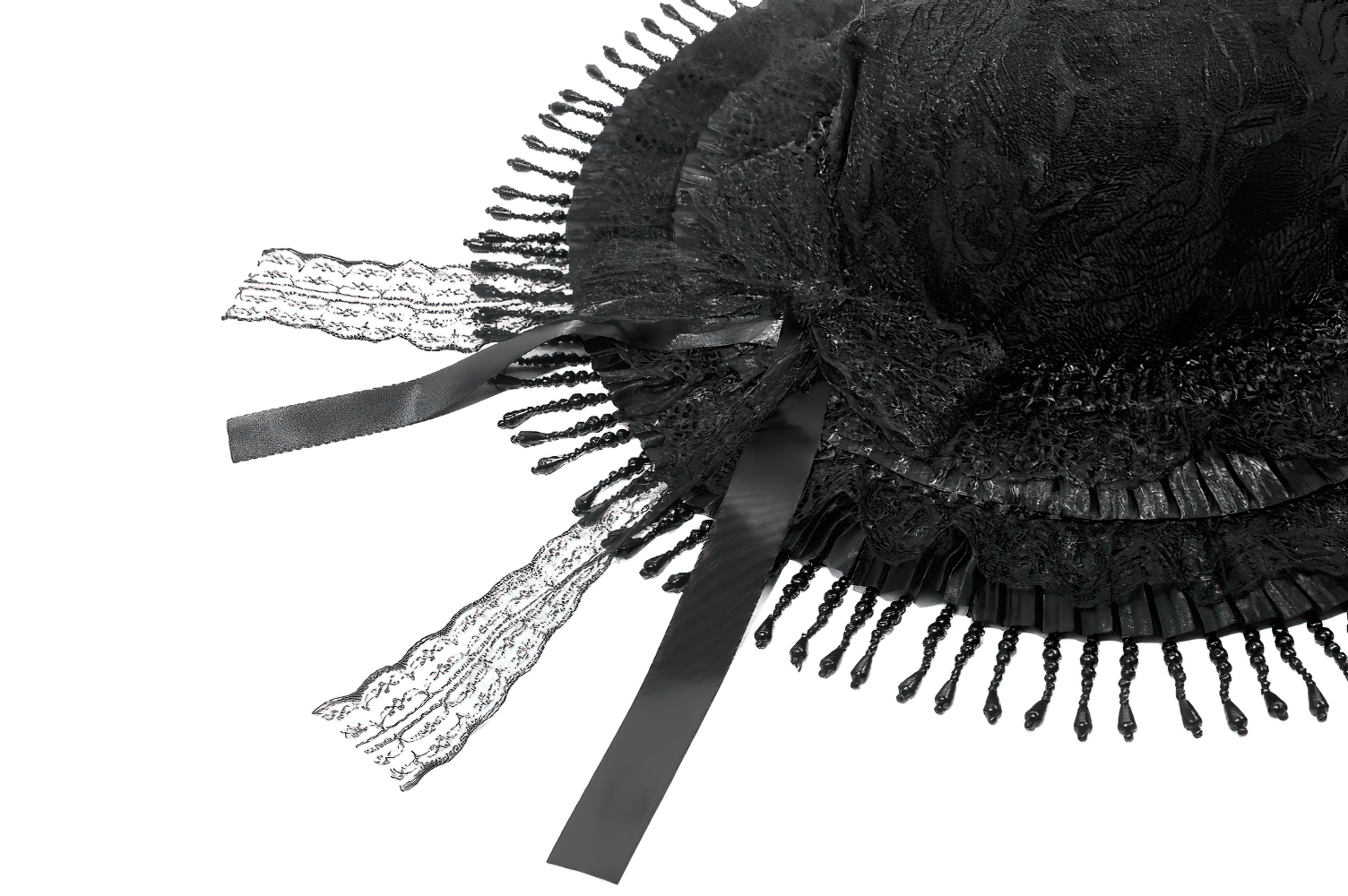 Victorian Lace Hat with Feather and Beaded Fringe featuring black lace, ribbons, and beaded fringe for gothic elegance.