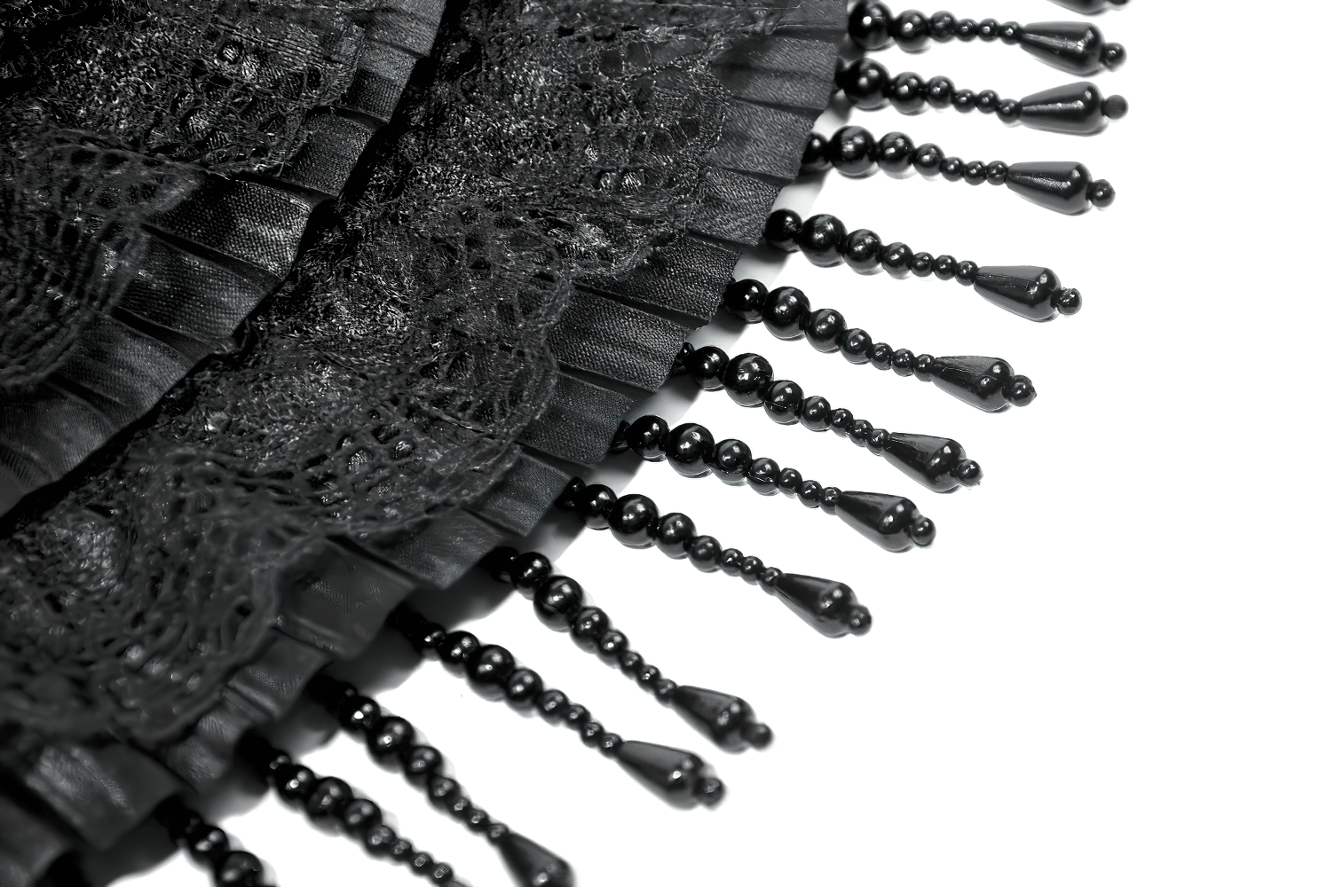 Victorian Lace Hat with Feather and Beaded Fringe detailed close-up of black lace and beaded fringe for gothic style.