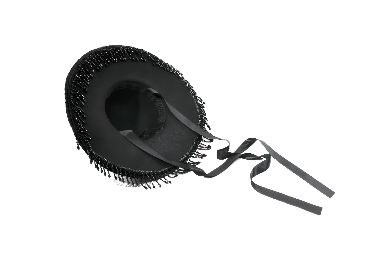 Victorian Lace Hat with Feather and Beaded Fringe, featuring black lace, beaded fringe, and ribbon ties.