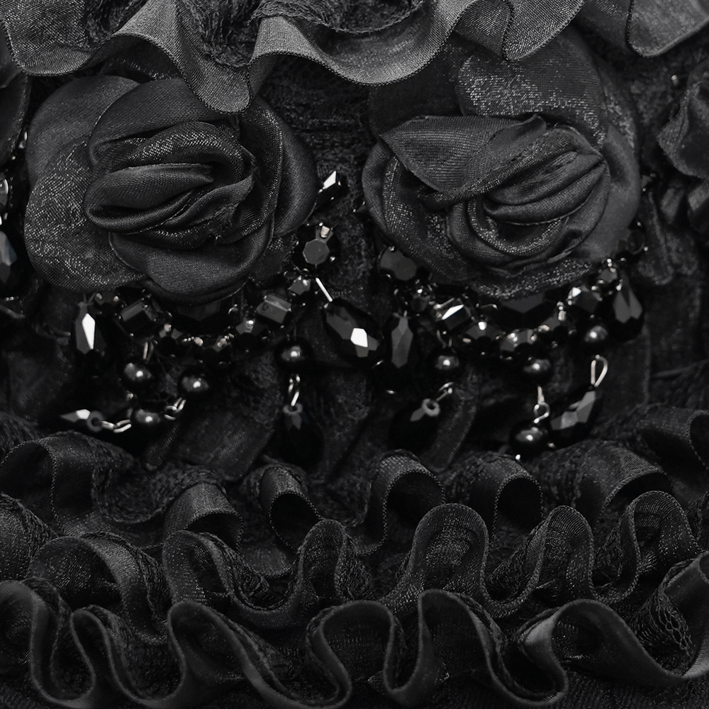 Close-up of a Victorian lace mourning hat with black roses, ruffled trim, and skull-patterned mesh details.