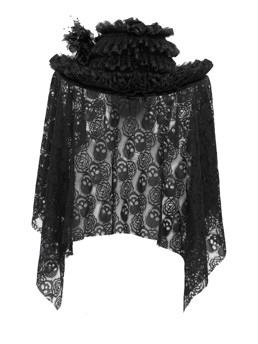 Victorian lace mourning hat with skull mesh, ruffled trim, and black roses for gothic fashion and weddings.