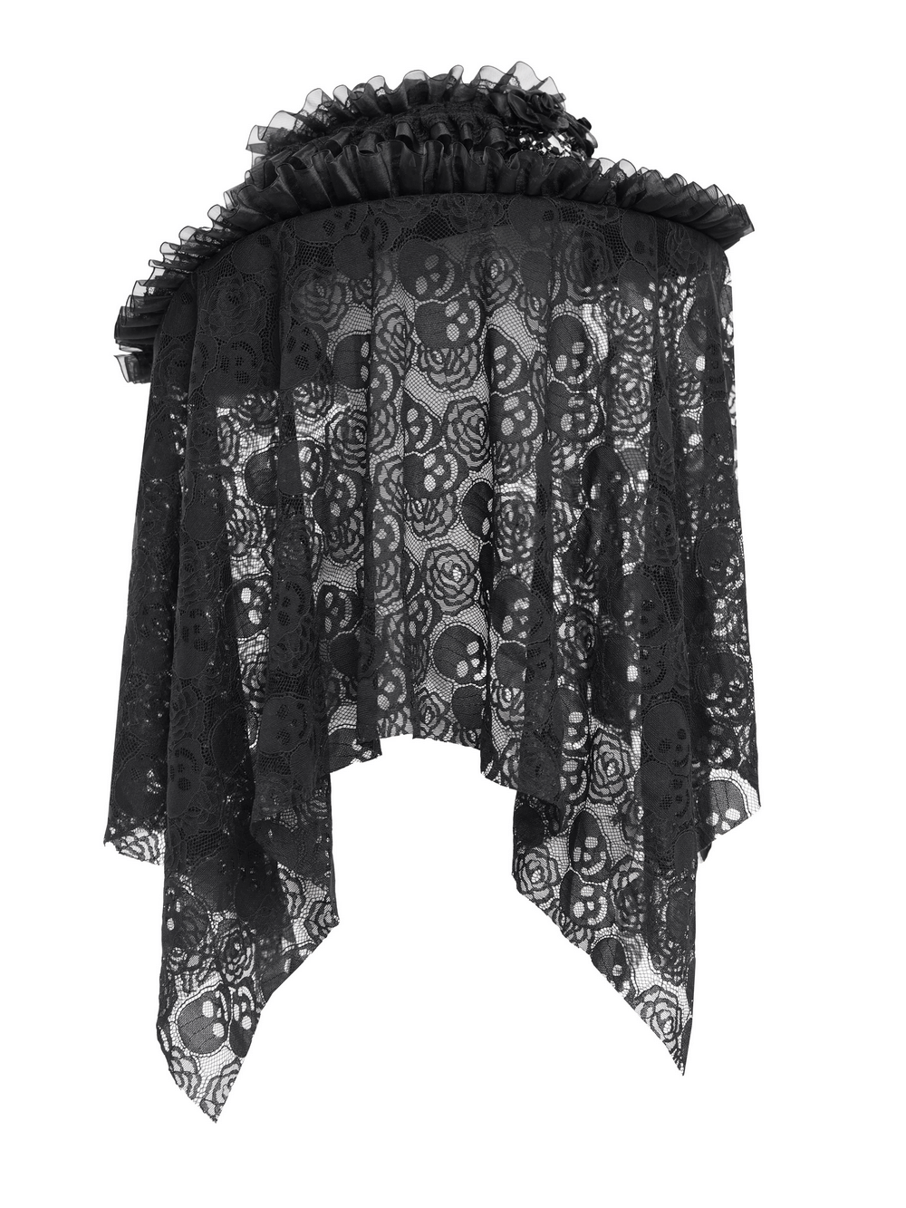 Victorian lace mourning hat with black skull mesh, ruffled trim, and floral accents for gothic fashion.