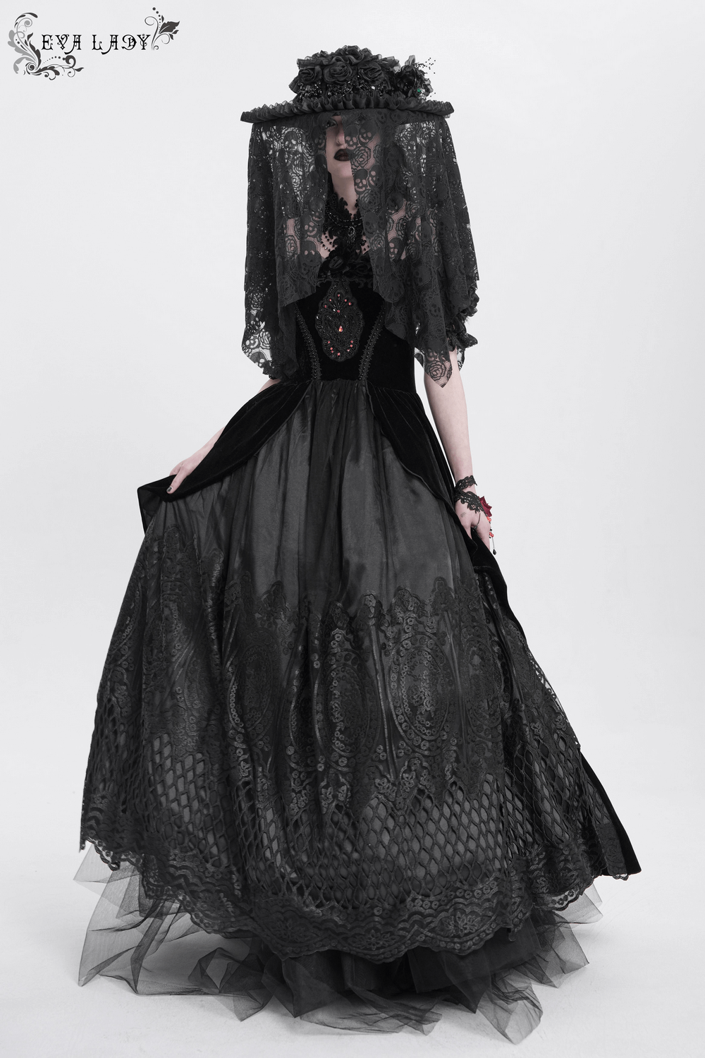 Victorian lace mourning hat with floral details and veil, perfect for gothic fashion and dark events.