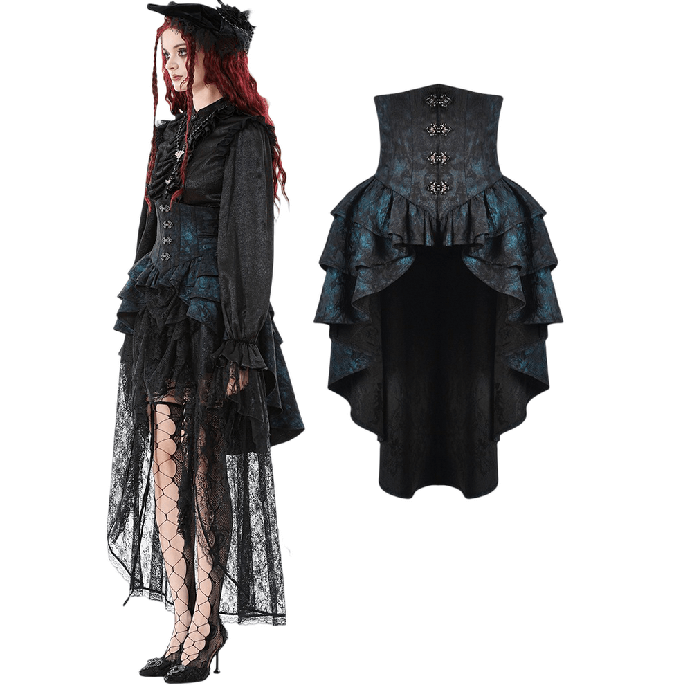 Victorian Lace Ruffle Corset Skirt with Button Closure, featuring lace ruffles, high-low hem, and back lacing detail.