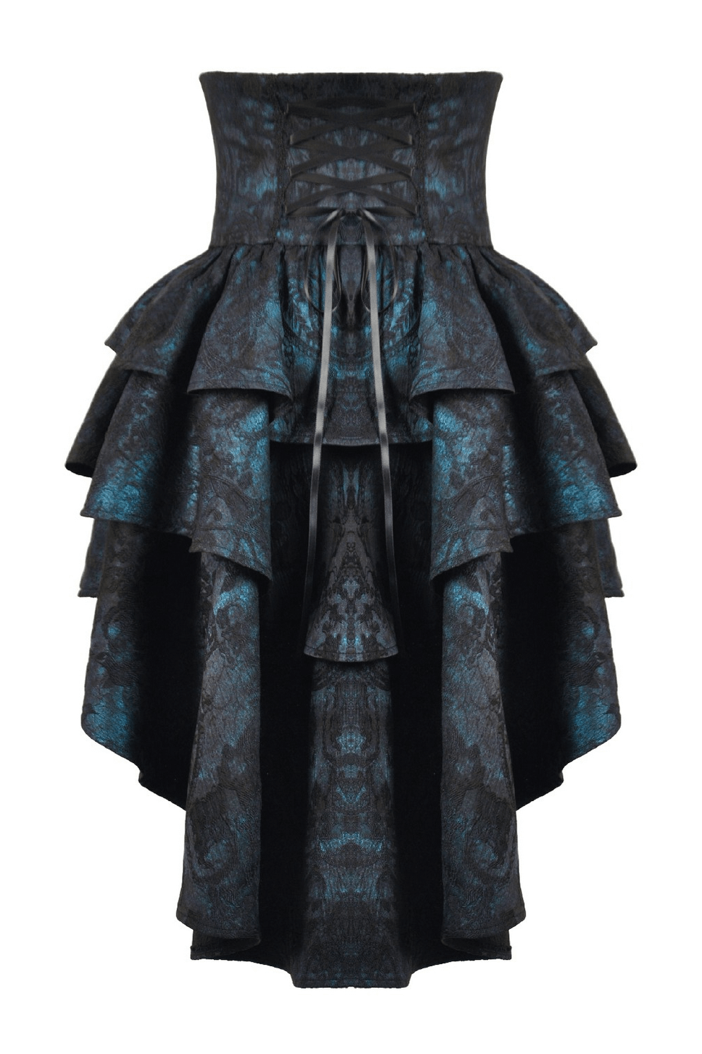 Victorian Lace Ruffle Corset Skirt with Button Closure featuring layered ruffles and back lacing for an elegant Gothic look.