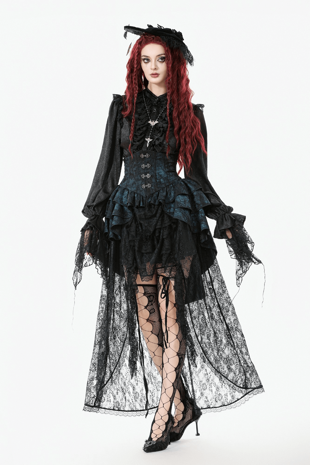 Victorian Lace Ruffle Corset Skirt with Button Closure worn by a model showcasing elegant Gothic style.