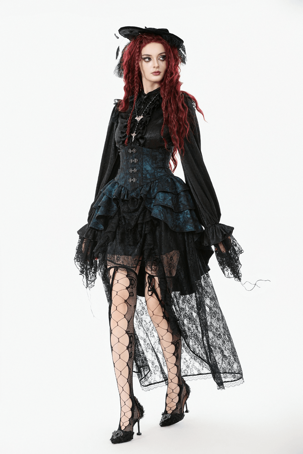 Victorian Lace Ruffle Corset Skirt with Button Closure worn by a model, showcasing elegant gothic style and intricate lace details.