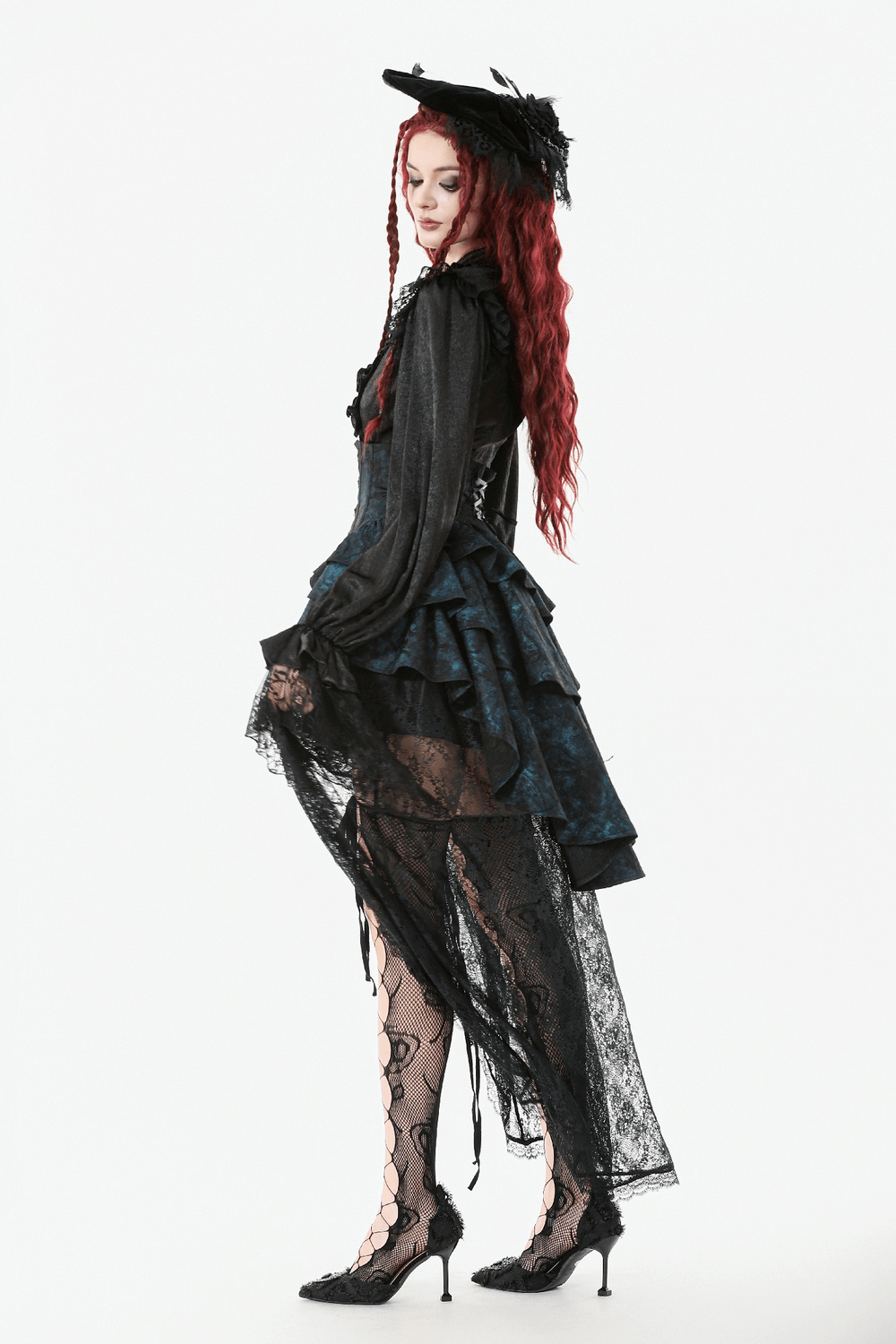 Victorian Lace Ruffle Corset Skirt with Button Closure showcasing lace ruffles, adjustable lacing, and a vintage-inspired look.