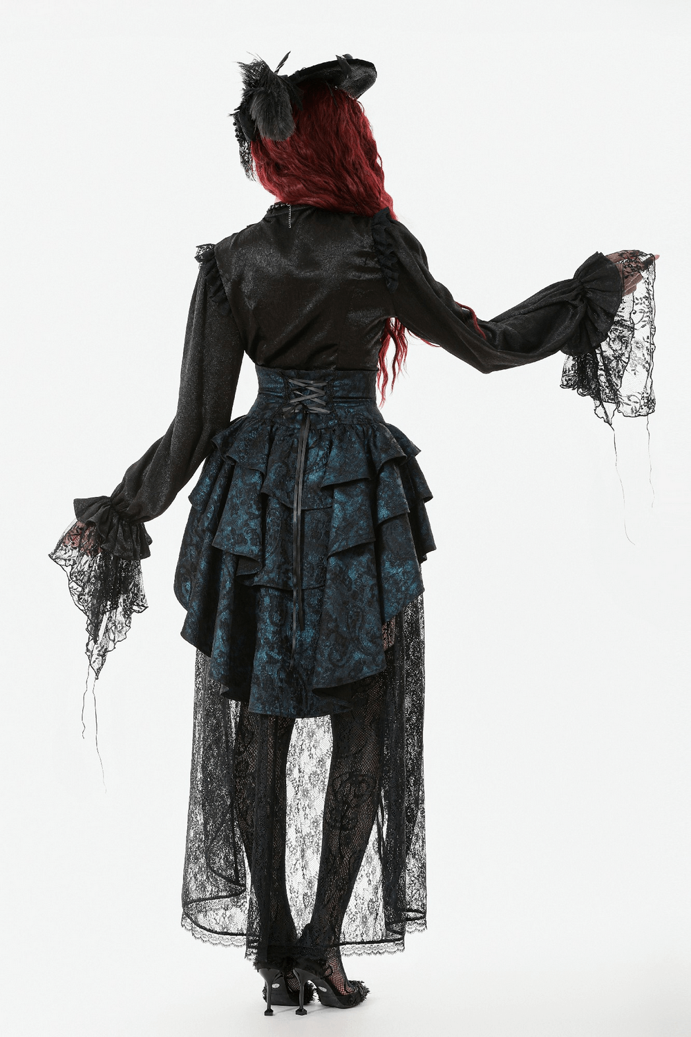 Elegant model showcasing the Victorian Lace Ruffle Corset Skirt with Button Closure from behind with intricate lace detailing.