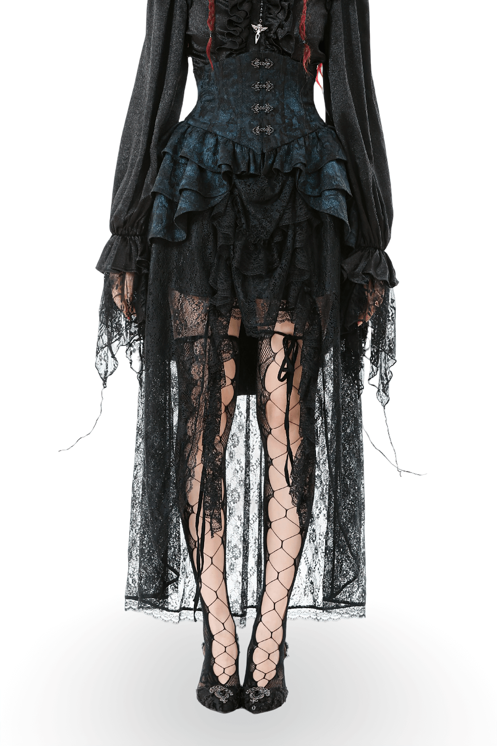 Victorian Lace Ruffle Corset Skirt with Button Closure showcasing intricate lace ruffles and elegant high-low hem.