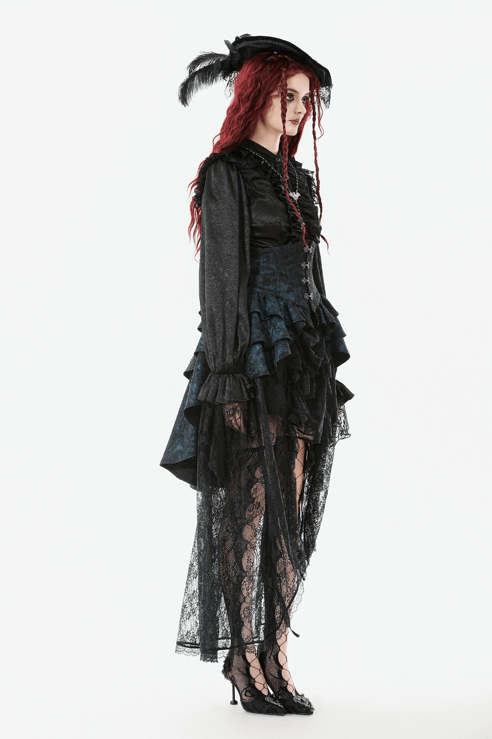 Victorian Lace Ruffle Corset Skirt with Button Closure displayed on a model, showcasing elegant Gothic style.