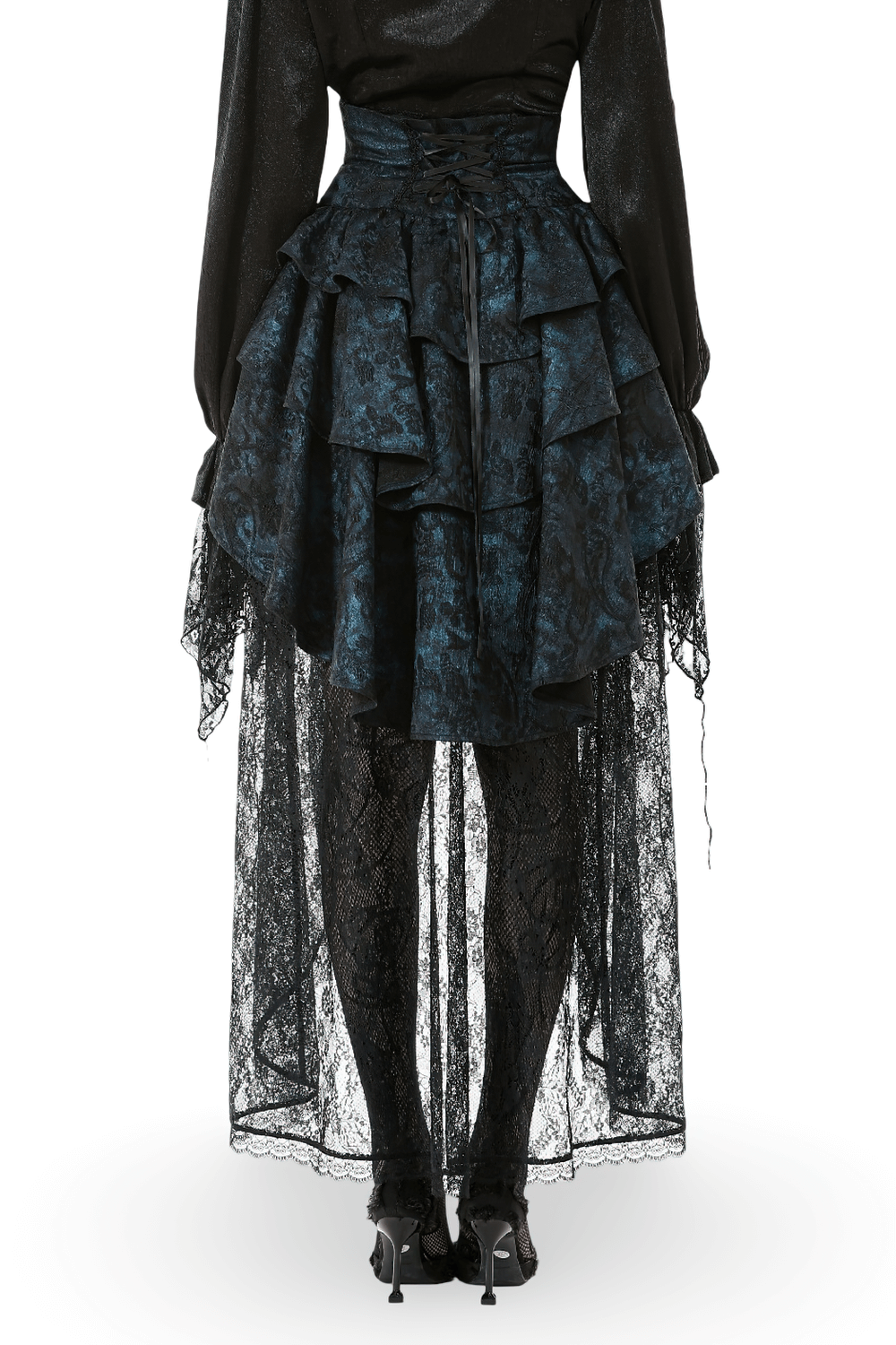 Victorian Lace Ruffle Corset Skirt with Button Closure showcasing elegant layers and intricate detailing from the back.