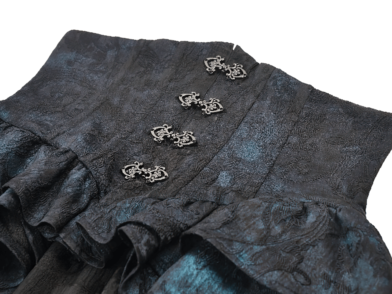 Victorian Lace Ruffle Corset Skirt with Button Closure featuring elegant detailing and decorative buttons.