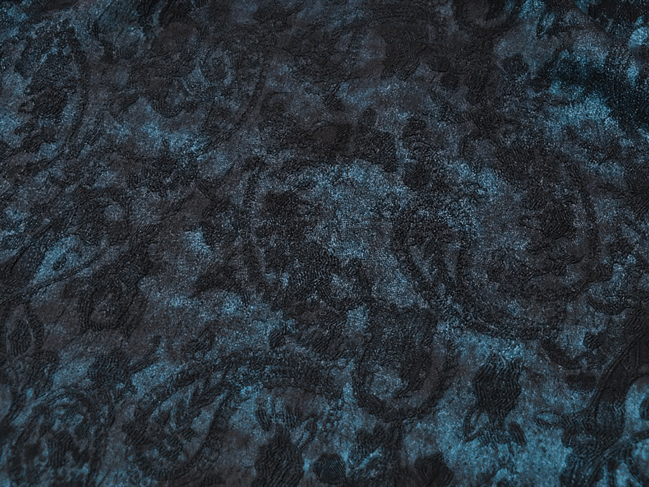 Victorian Lace Ruffle Corset Skirt with Button Closure fabric texture in black and teal with intricate patterns.