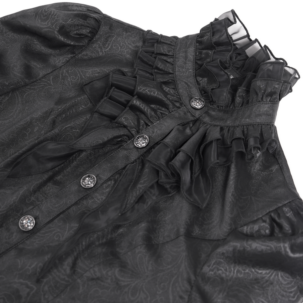 Close-up of a Victorian Lace Ruffled Blouse featuring buttons, ruffles, and high neck design in elegant black fabric.